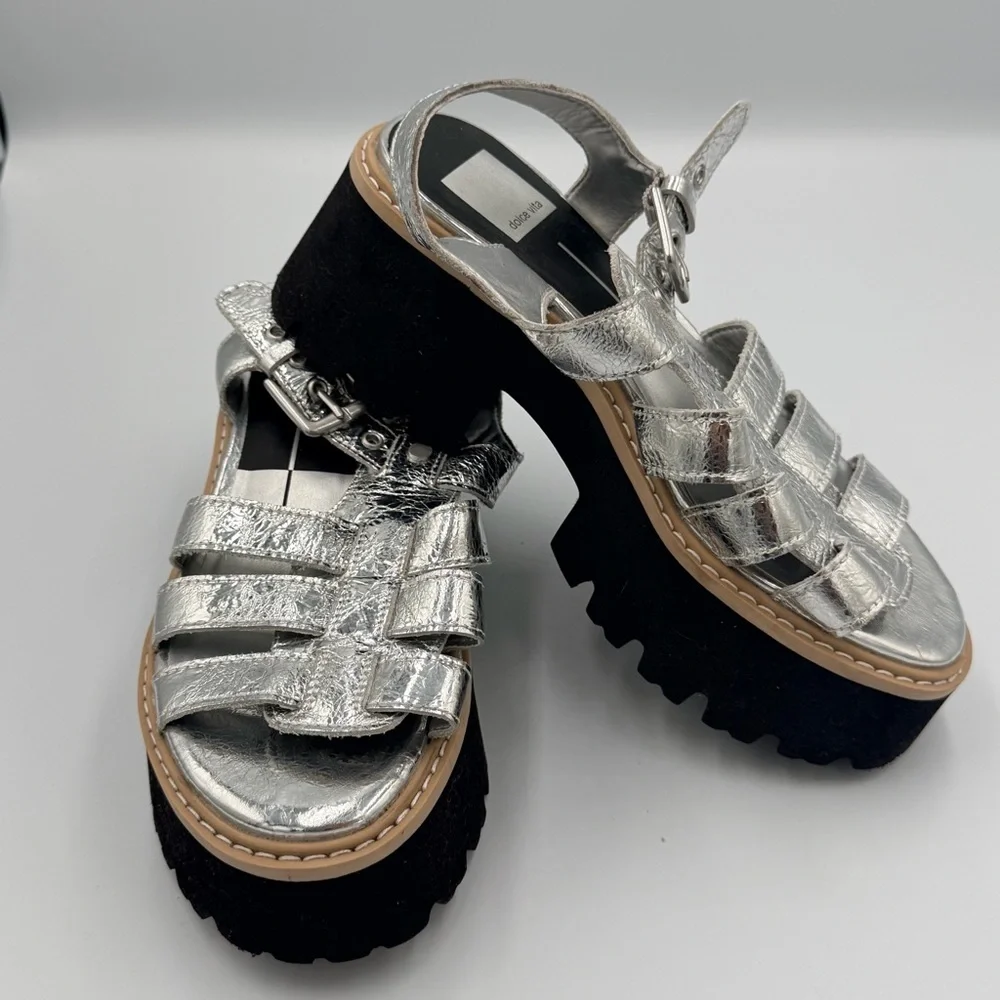 Dolce Vita Silver Metallic Fisherman Black Chunky Heel Platform Boho Sandal 7